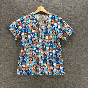 VAC Scrub Top Women S Small Blue Pets Print V-Neck Short Sleeve Cotton Veterinar